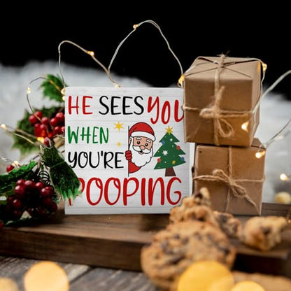 Funny Christmas Santa Bathroom Wooden Sign - Pooping 02 - Rustic Toilet Decor - 5x5 Inch