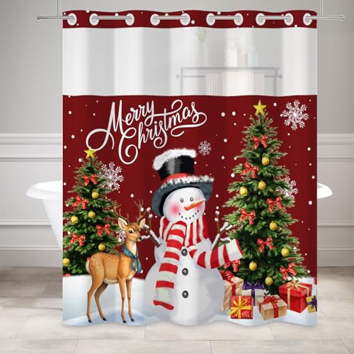 Canessioa Christmas Shower Curtain Set 71x74 Inches with Snap-in Liner - Red Brown