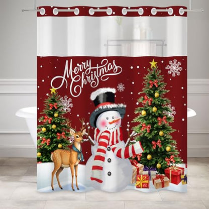Canessioa Christmas Shower Curtain Set 71x74 Inches with Snap-in Liner - Red Brown