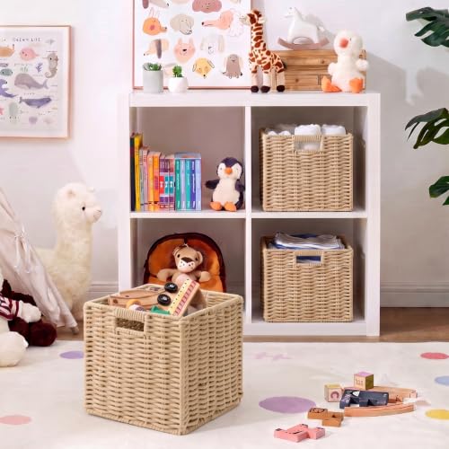 Khaki Cotton Rope Cube Storage Basket 11 Inch Foldable Organizer with Handles