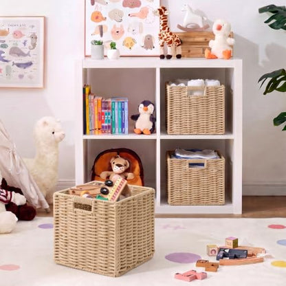 Khaki Cotton Rope Cube Storage Basket 11 Inch Foldable Organizer with Handles