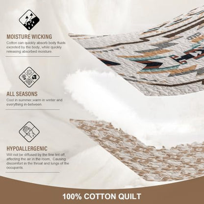 100% Cotton Queen Quilt Set with Southwestern Aztec Design - Breathable & Cozy Bedding