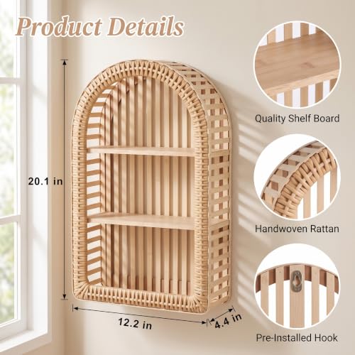 Natural Wood Rattan Wall Shelf - 3 Tier Boho Arched Wicker Hanging Shelves