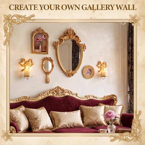 Vintage Gold Mirror Photo Frame Set with Candle Sconces - 6 Pieces