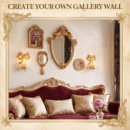 Vintage Gold Mirror Photo Frame Set with Candle Sconces - 6 Pieces