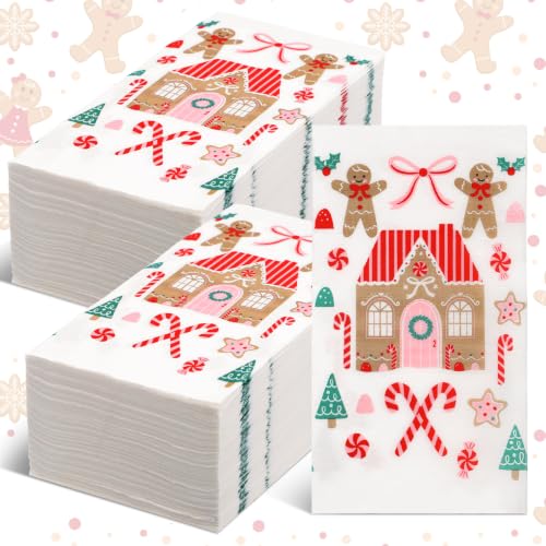 Gingerbread Man Christmas Napkins with Gold Foil - 200 Pack for Holiday Decoupage & Parties