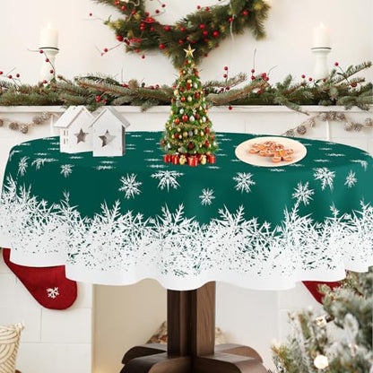 Xmas Tablecloth 70 Inch Round Green Snowflakes Holiday Party Cover - Spillproof & Washable