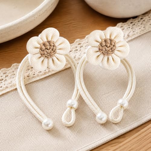 Cream Flower Curtain Tiebacks 2 Pack with Adjustable Rope & Wooden Bead - No Drill Decor