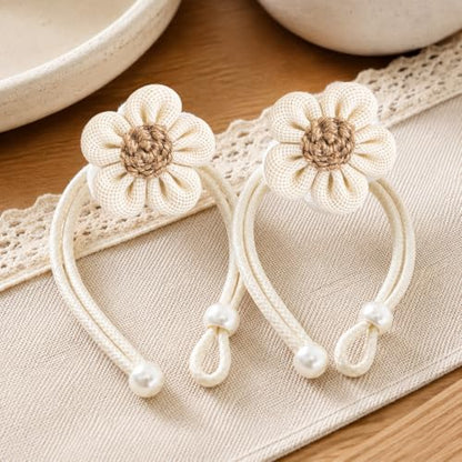 Cream Flower Curtain Tiebacks 2 Pack with Adjustable Rope & Wooden Bead - No Drill Decor