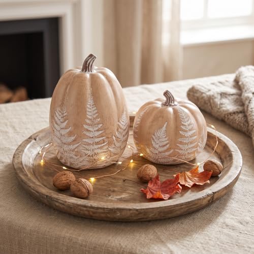 Brown Resin Fall Pumpkins with Leaves Pattern - Rustic Home Decor, Set of 2