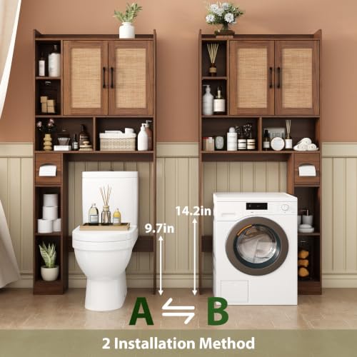 Rattan Over The Toilet Storage Cabinet - Walnut Finish Bathroom Organizer
