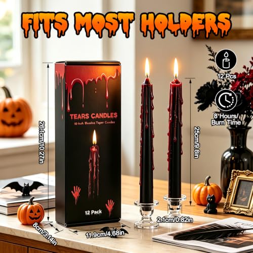 Black Bleeding Taper Candles 12 Pack - 10 Inch Halloween Gothic Decor - Variation of THIS listing