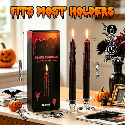 Black Bleeding Taper Candles 12 Pack - 10 Inch Halloween Gothic Decor - Variation of THIS listing
