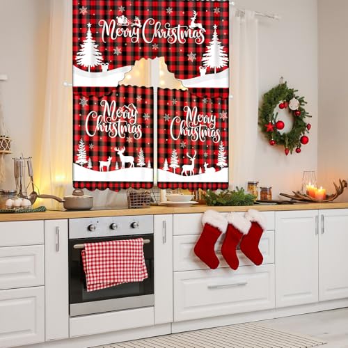 Christmas Kitchen Curtains Set - Red Black Buffalo Plaid Window Decor, 6 Pieces Variation 6