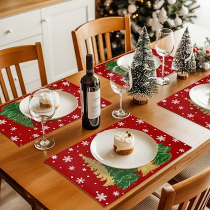 Christmas Tree Placemats Set of 4 - Red with Snowflakes & Christmas Tree Design