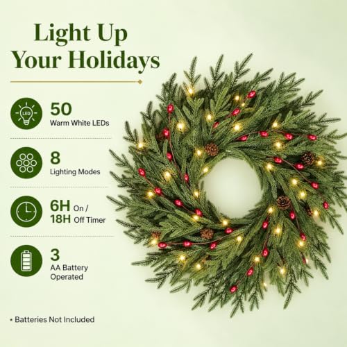 24 Inch Pre-Lit Cedar Christmas Wreath with Red Berries and Pinecones