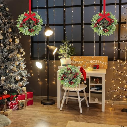 Christmas Candle Ring Set - 12 Mini Red Berry Pine Wreaths for Holiday Decor - Variation of Christmas / 12