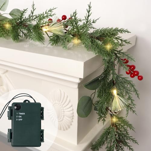 6ft Christmas Garland with Lights - Mantel Decor, Green Conifer, Red Berries & Pine Cones
