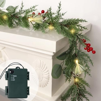 6ft Christmas Garland with Lights - Mantel Decor, Green Conifer, Red Berries & Pine Cones