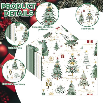 Christmas Paper Napkins 50pcs Watercolor Tree Design 6.5 Inch Disposable Holiday Party Supplies - Xmas Tree Variation