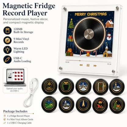 White Magnetic Vinyl Fridge Music Box - Personalized Retro Record Player