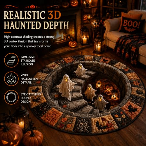 3D Haunted Staircase Round Rug - Optical Illusion Halloween Mat 39.4in Diameter