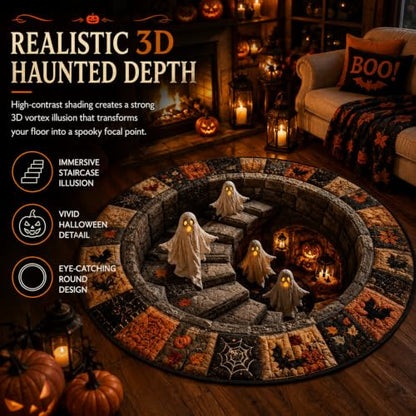 3D Haunted Staircase Round Rug - Optical Illusion Halloween Mat 39.4in Diameter