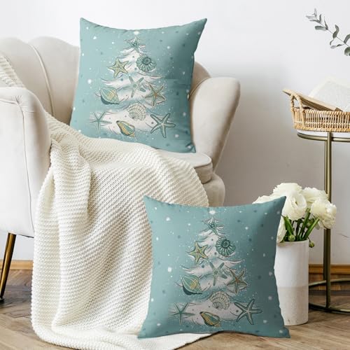 20x20 Aqua Blue Christmas Pillow Covers Set of 2 Coastal Holiday Decor