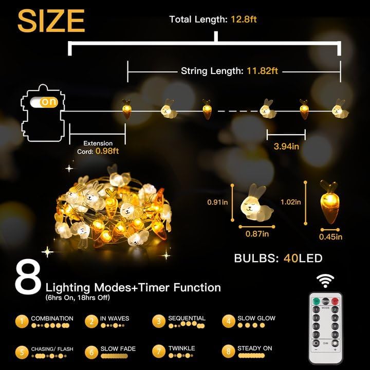 Suddus Easter String Lights - 12.8ft Battery Operated 40 LED Outdoor & Indoor Decorations