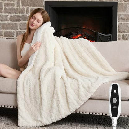 Electric Heated Blanket Throw 50x60 Inch Dual Sherpa Beige with Overheat Protection