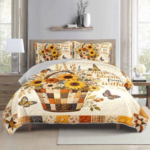 Harvest Floral Full Bedspread Coverlet Set with Quilt and Pillow Shams - Sunflower Basket Patchwork