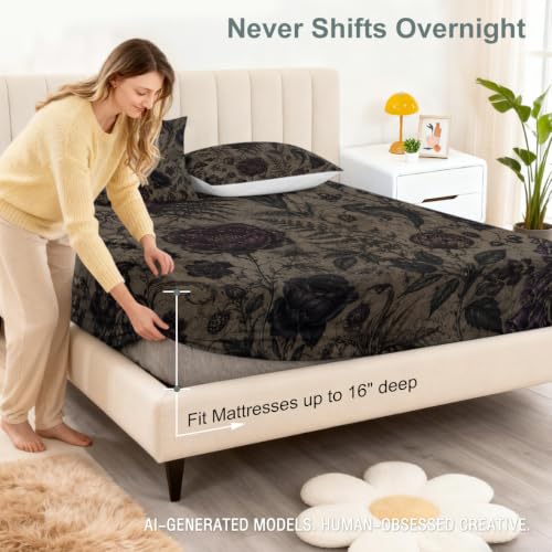 Dark Floral Fitted Sheet Set King Size - Ancient Paper Poison Flower Variation