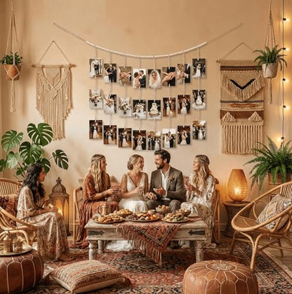 Hanging Photo Display with Clips and Wooden Beads - Boho Wall Decor