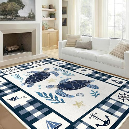 5x7 Nautical Sea Turtle Area Rug - Coastal Machine Washable Floor Decor