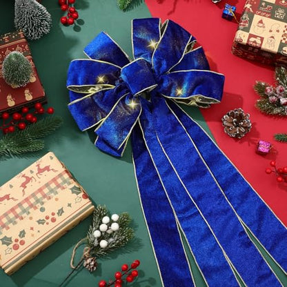 Velvet Christmas Tree Topper Bow with LED Lights - Royal Blue Large 12.6x118 Inch with Ribbon Streamers