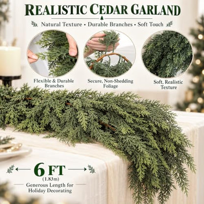 6Ft Real Touch Cedar Garland - Full Artificial Green Christmas Decor