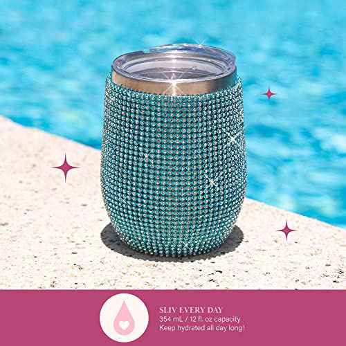 Paris Hilton Diamond Bling Wine Tumbler, Vacuum Insulated Stainless Steel with Easy Sip Lid, Bedazzled with Over 2500 Rhinestones, 12-Ounce, Blue