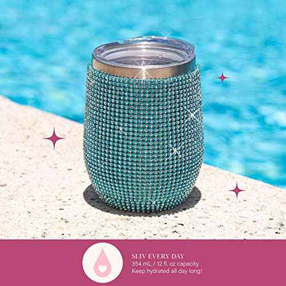 Paris Hilton Diamond Bling Wine Tumbler, Vacuum Insulated Stainless Steel with Easy Sip Lid, Bedazzled with Over 2500 Rhinestones, 12-Ounce, Blue