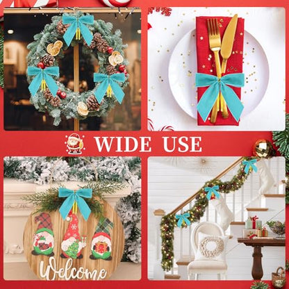 Blue Velvet Christmas Bows for Tree & Decorations - 24 pcs, 3.5x3.5 inch, Holiday Ornaments with Twist Ties - Blue