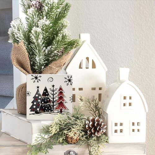 Rustic Christmas Trees Wooden Box Sign Decor - Holiday Indoor Christmas Decorations - 5x5 Inches - Festive Home Shelf Desk Accent - Variation of Rustic Christmas Trees