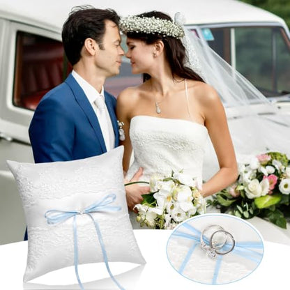 Wedding Ring Pillow with Blue Bow & Lace - 7.9 x 7.9 Inch