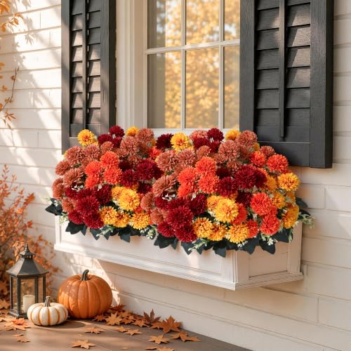 Artificial Fall Mums Flowers for Outdoors - 12 Bundles, UV Resistant, Realistic Faux Chrysanthemums - Multi Variation