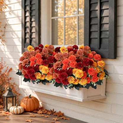 Artificial Fall Mums Flowers for Outdoors - 12 Bundles, UV Resistant, Realistic Faux Chrysanthemums - Multi Variation