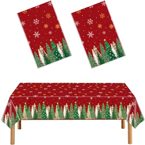 Christmas Tablecloths 2 Pack - Red Holiday Plastic Rectangular Cover 54x108 Inch
