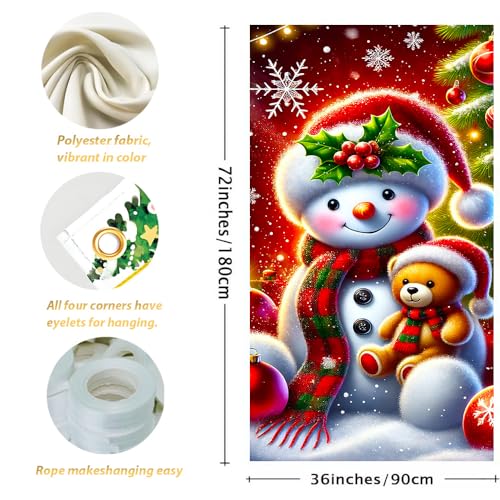 Christmas Snowman Door Cover 35x71 Inch Holiday Banner with Teddy Bear - Colorful Banner #02