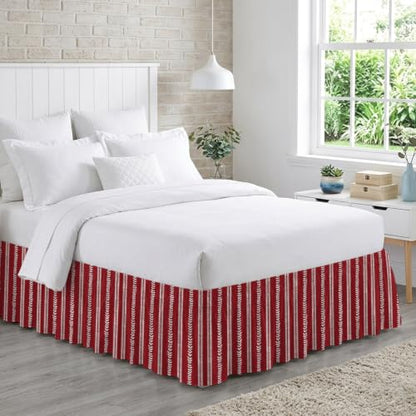 Red Boho Leaves Bedskirt Queen Size 16 Inch Drop Wrap Around Adjustable Dust Ruffle