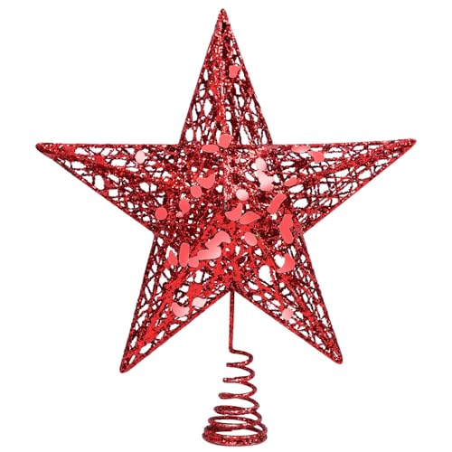 URATOT 8-Inch Red Glitter Christmas Tree Topper Metal Star Treetop Holiday Decoration