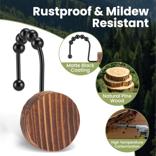 Wood Shower Curtain Hooks - Natural Beads Bathroom Rings - Brown 12 Pack