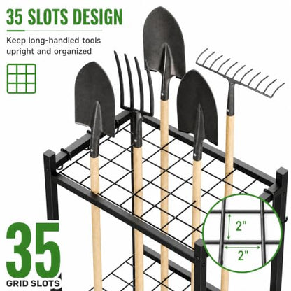 Garden Tool Organizer with Wheels - Garage Storage Rack for Rakes, Shovels, and Tools
