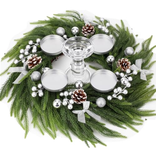 Silvery Norfolk Pine Christmas Advent Wreath with Berries & Ribbon - Ring Variation